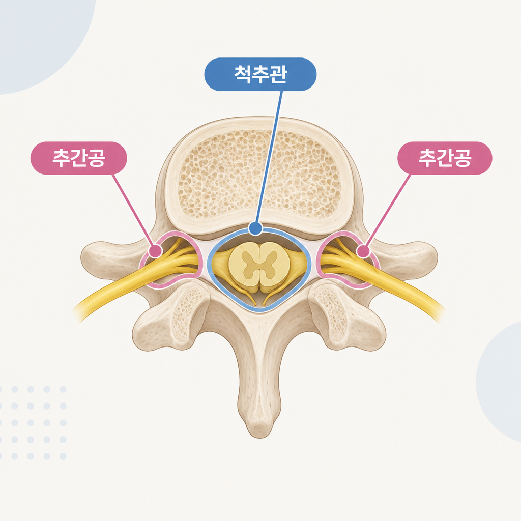 AI 생성 설명 이미지: 서초 한방병원 장덕 한방병원 | 척추관 협착과 추간공 협착, 어느 공간을 말할까요?